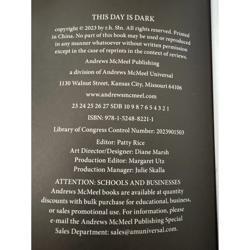 This Day Is Dark by r.h. Sin Poetry Book 2023 Andrews McMeel Publishing